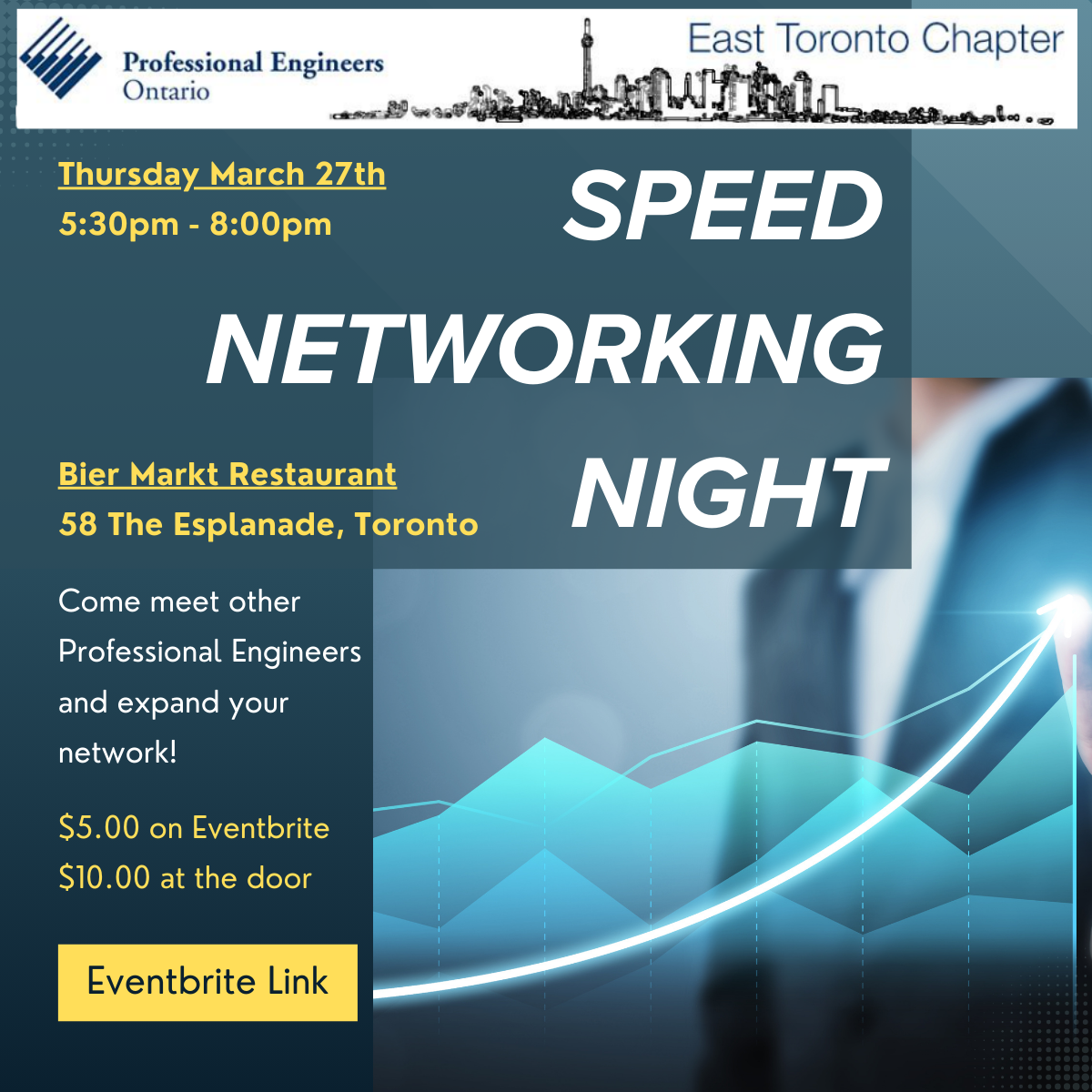 PEO East Toronto Chapter Speed Networking Night Advertisement. Thursday March 27, 5:30pm to 8:00pm at Bier Markt Restaurant, 58 The Esplanade, Toronto. Come meet other Professional Engineers and expand your network $5 on Eventbrite. $10 at the door.